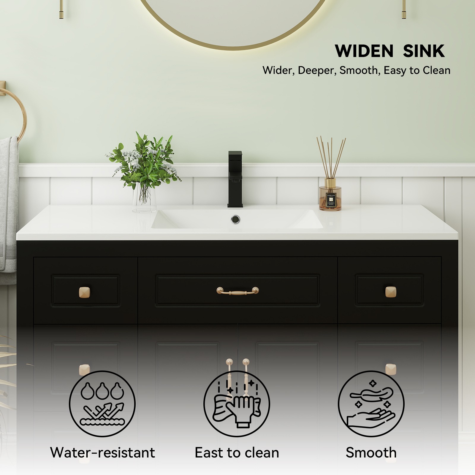 48″Bathroom Vanity with Sink Soft Close 2 Doors and 6 Drawers Freestanding Black