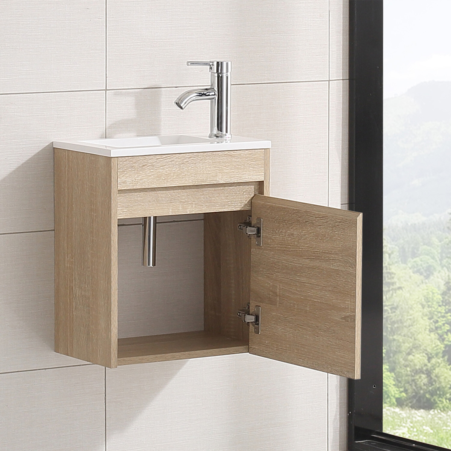 16″ Wall Mounted Bathroom Vanity w/ White Sink Left / Right Side Faucet Set