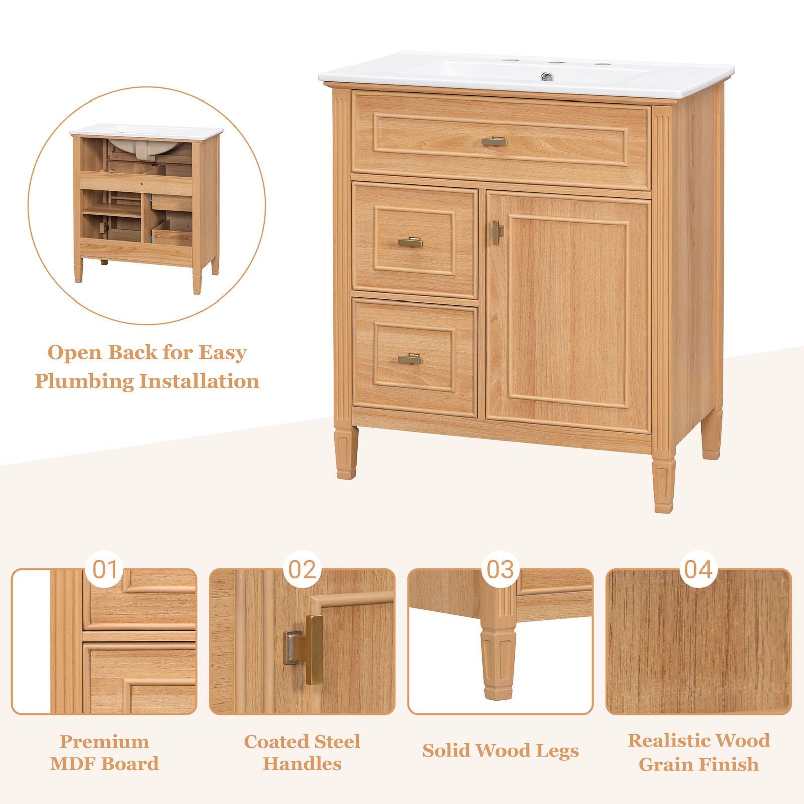 30″ Bathroom Vanity with Sink, Cabinet, Drawers, Solid Wood & MDF