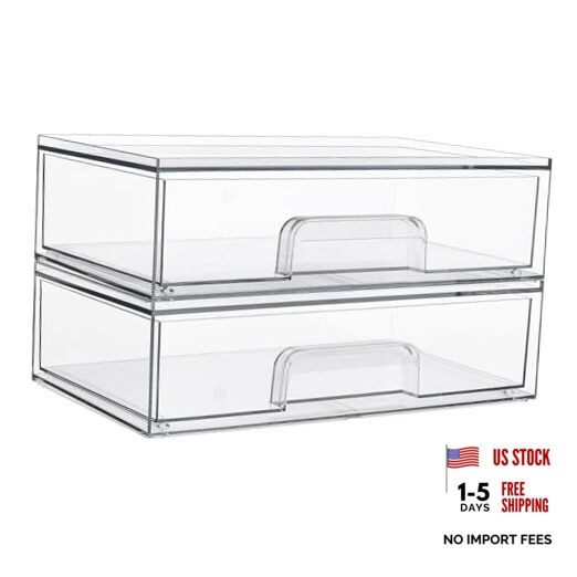 12.1”W Clear Stackable Storage Drawers,2 Pack Acrylic Plastic 2pack Wide