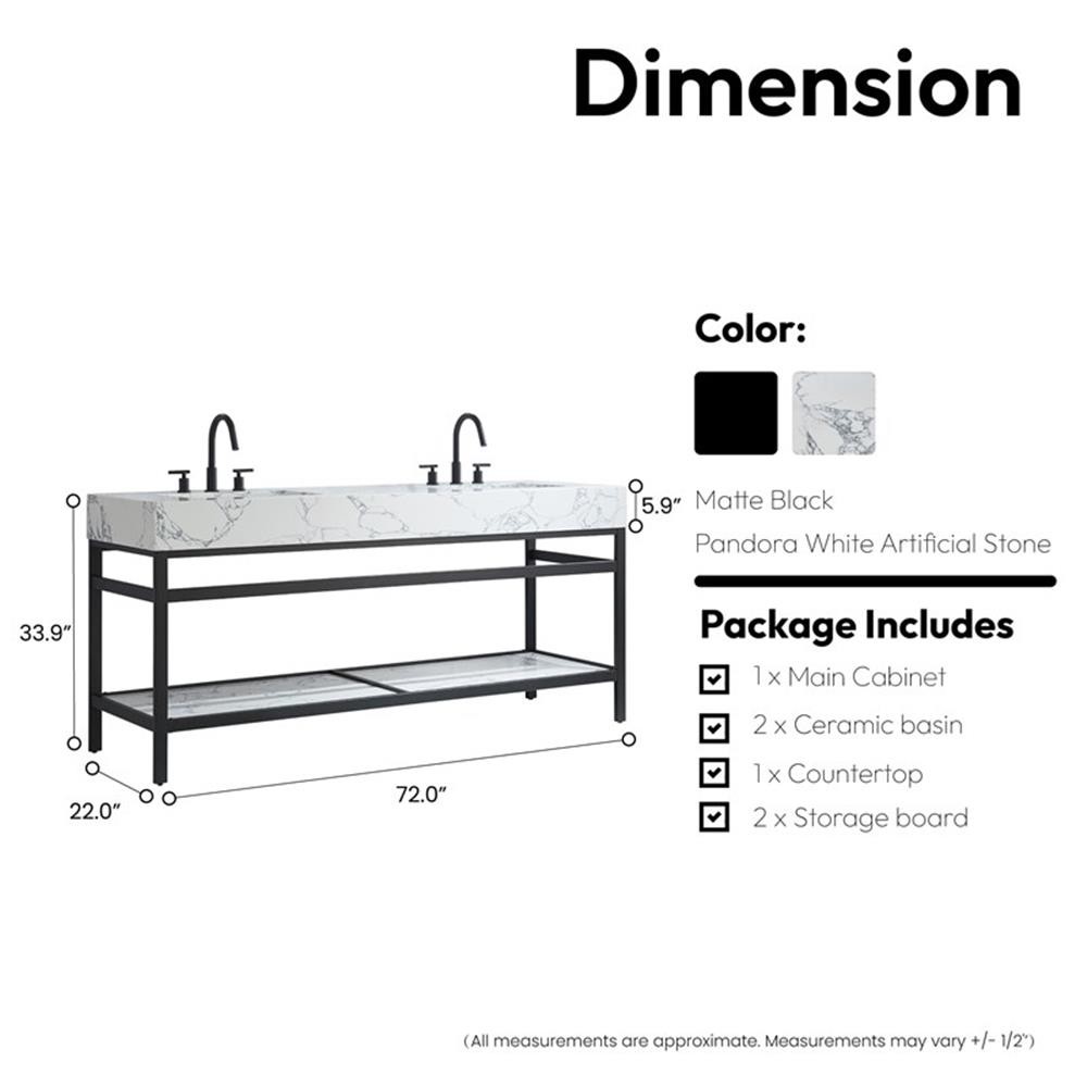 Ecija 72″ Double Matte Black Metal Bath Vanity with Pandora White Composite Top