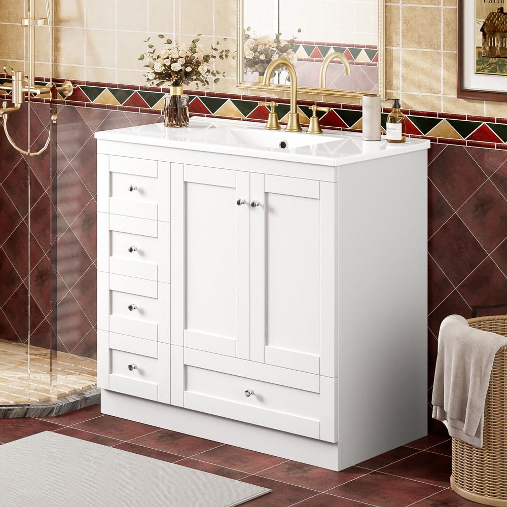 36″ Bathroom Vanity w/Sink,4 Drawers,Freestanding Vanity Storage Cabinet,2 Doors