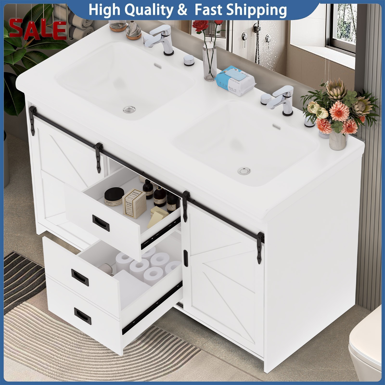 47” Bathroom Vanity with Double Sink Freestanding Bathroom Vanity w/ 2 Drawers