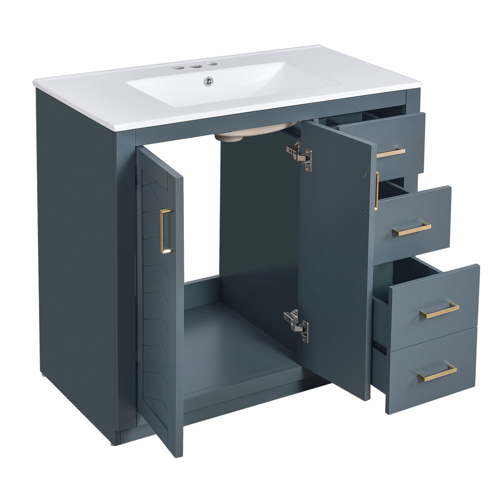 36″ Bathroom Vanity with Ceramic Sink, Solid Wood Frame, 3 Drawers & Doors