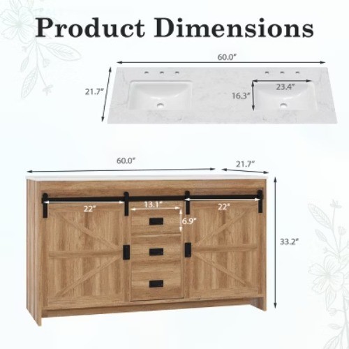 60″ Double Sink Bathroom Vanity, Farmhouse Cabinet With Stone Top Barn Door