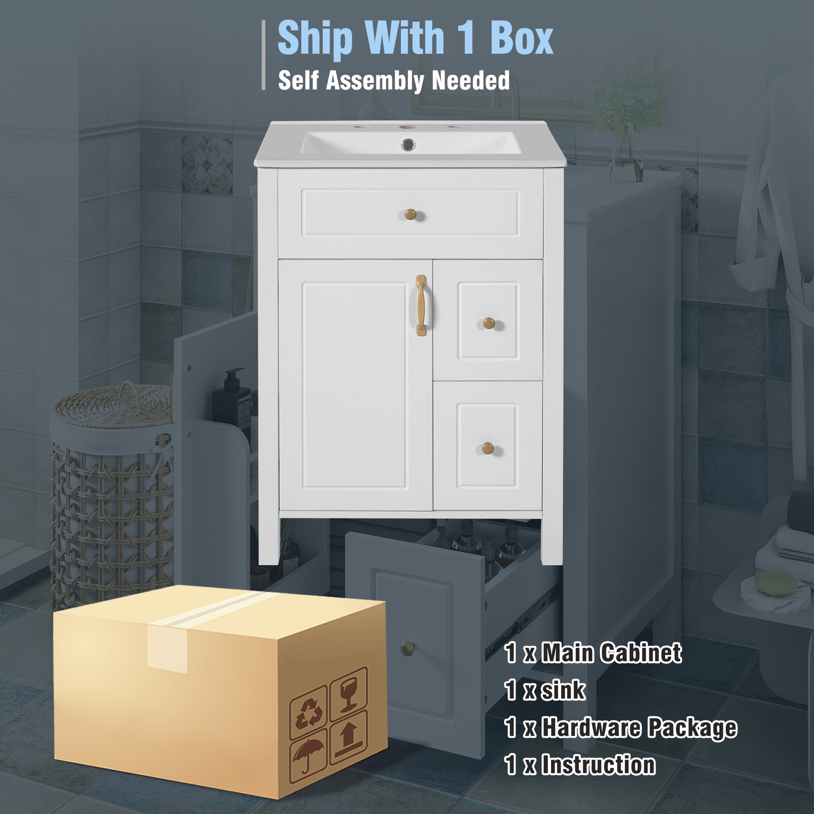 24Inch Bathroom Vanity Modern Bathroom Storage Cabinet with Ceramic Sink White