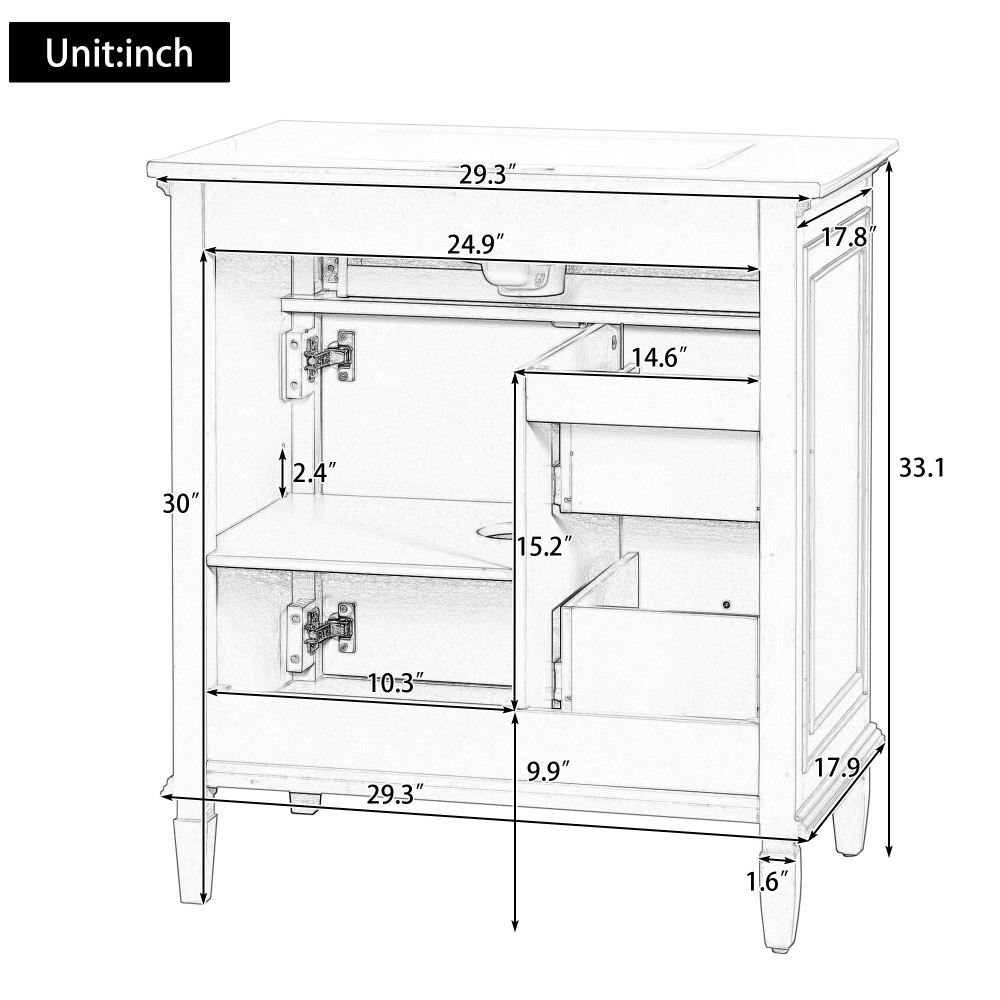 30″ Green Bathroom Vanity with Ceramic Sink Solid Wood MDF Cabinet