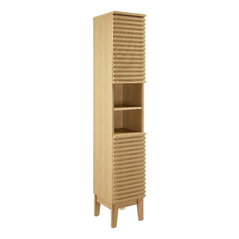 Render Tall Narrow Bathroom Storage Cabinet in Oak