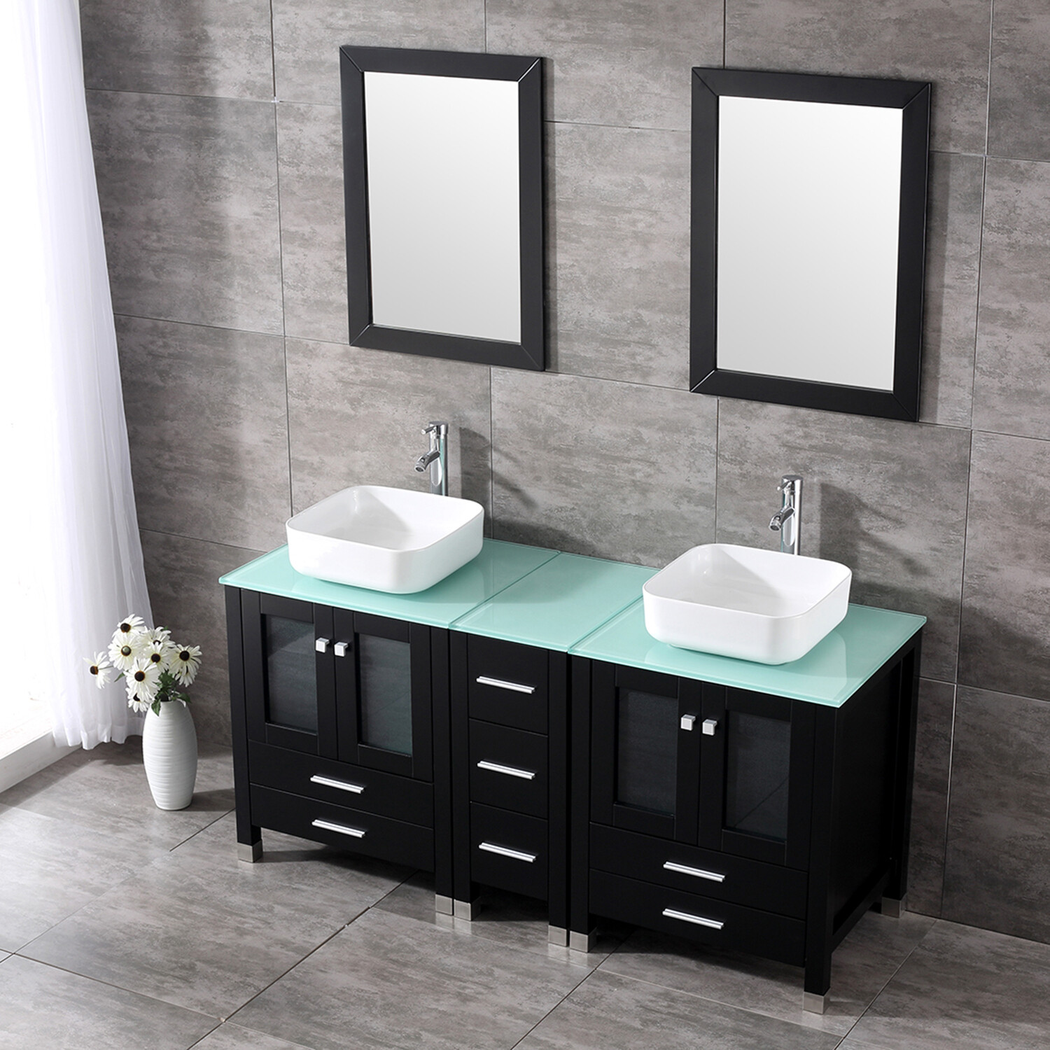 Bathroom Vanity 60″ Cabinet Double Sink Ceramic Vessel Combo w/Mirror Faucet Set