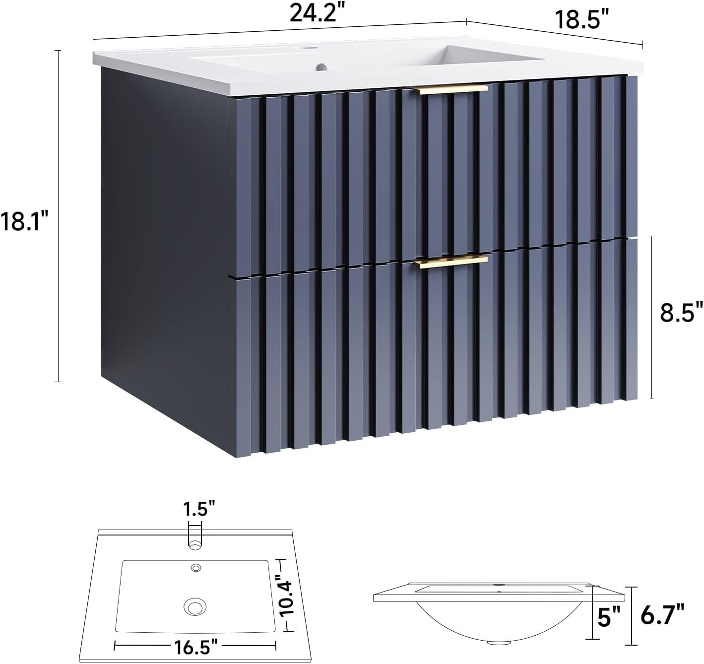 24 Inch Bathroom Vanity with Sink Combo Floating Bathroom Vanity with 2 Fluted