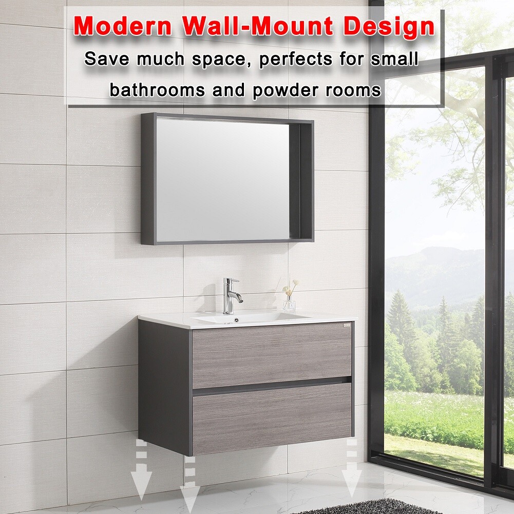 Wall-mount 36″ Bathroom Vanity Wood Cabinet w/ Resin Basin Sink & Mirror Combo