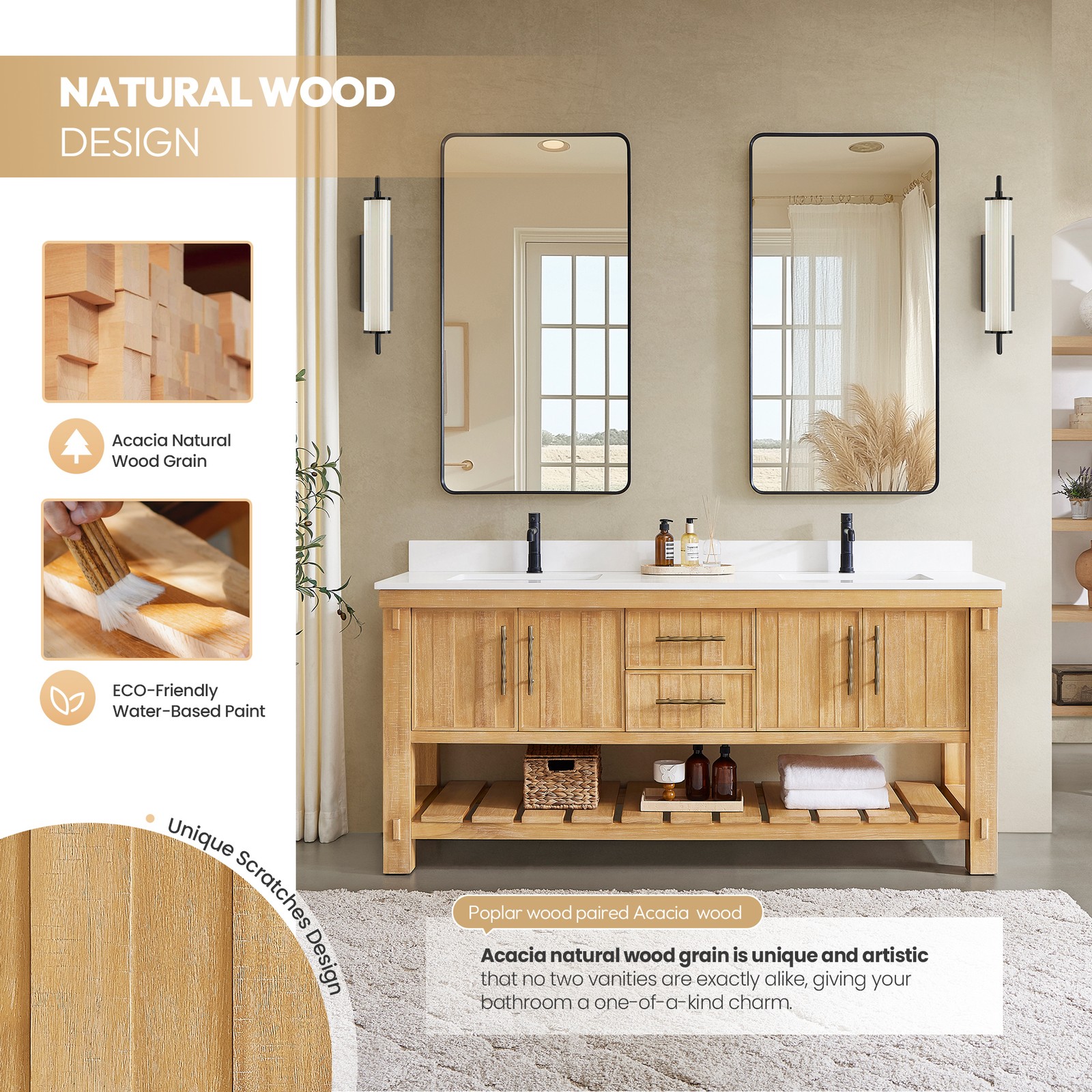 Paris 72″ Double Bath Vanity in Acacia Classic Grey with White Quartz Stone Top