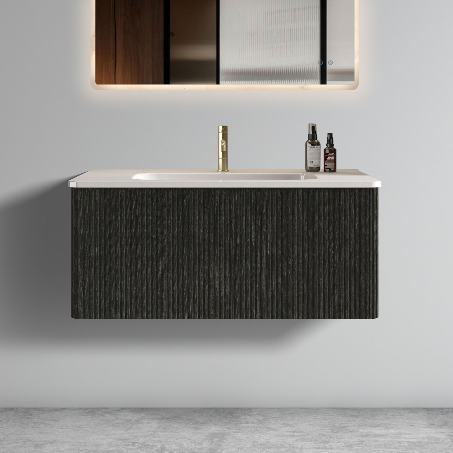 Etna 36″ Brushed Black Oak Floating Bathroom Vanity with White Ceramic Sink