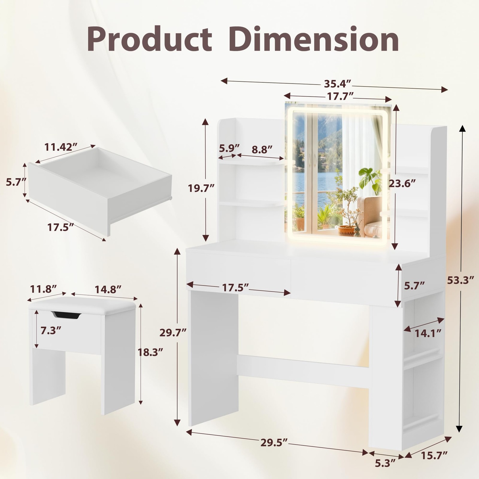 3 Color Dimmable LED Vanity Desk with Mirror 2 Drawers Storage Bench White