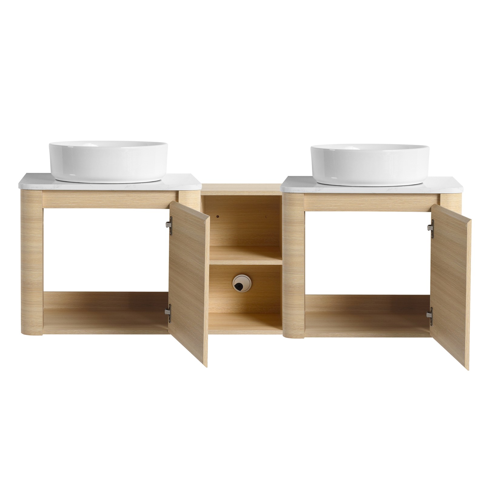 60 in Floating Bathroom Vanity Cabinet 2x White Ceramic Sink Basin +Open Shelves