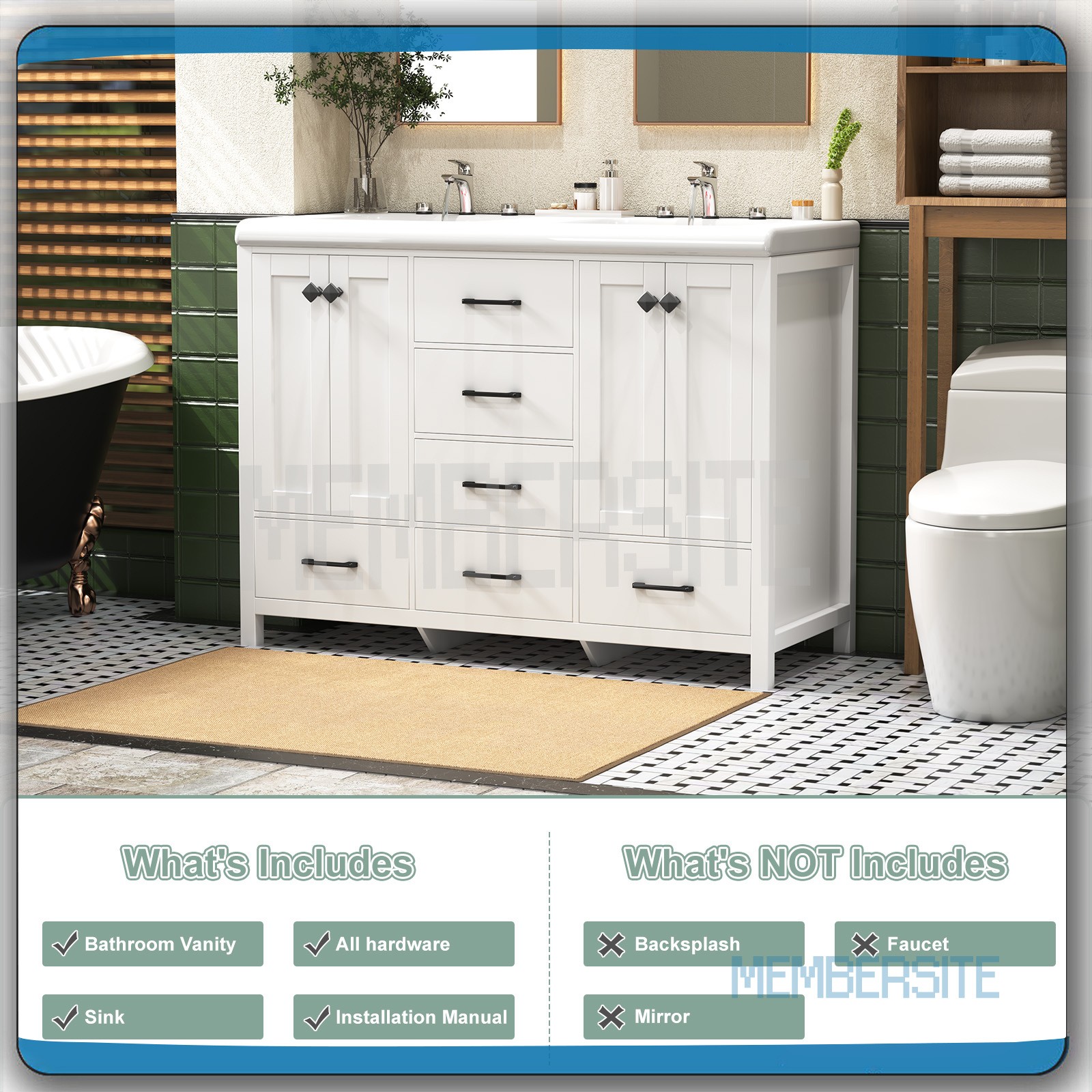 47.3″ Bathroom Vanity w/Double Ceramic Sinks Cabinet and 5 Drawers Freestanding