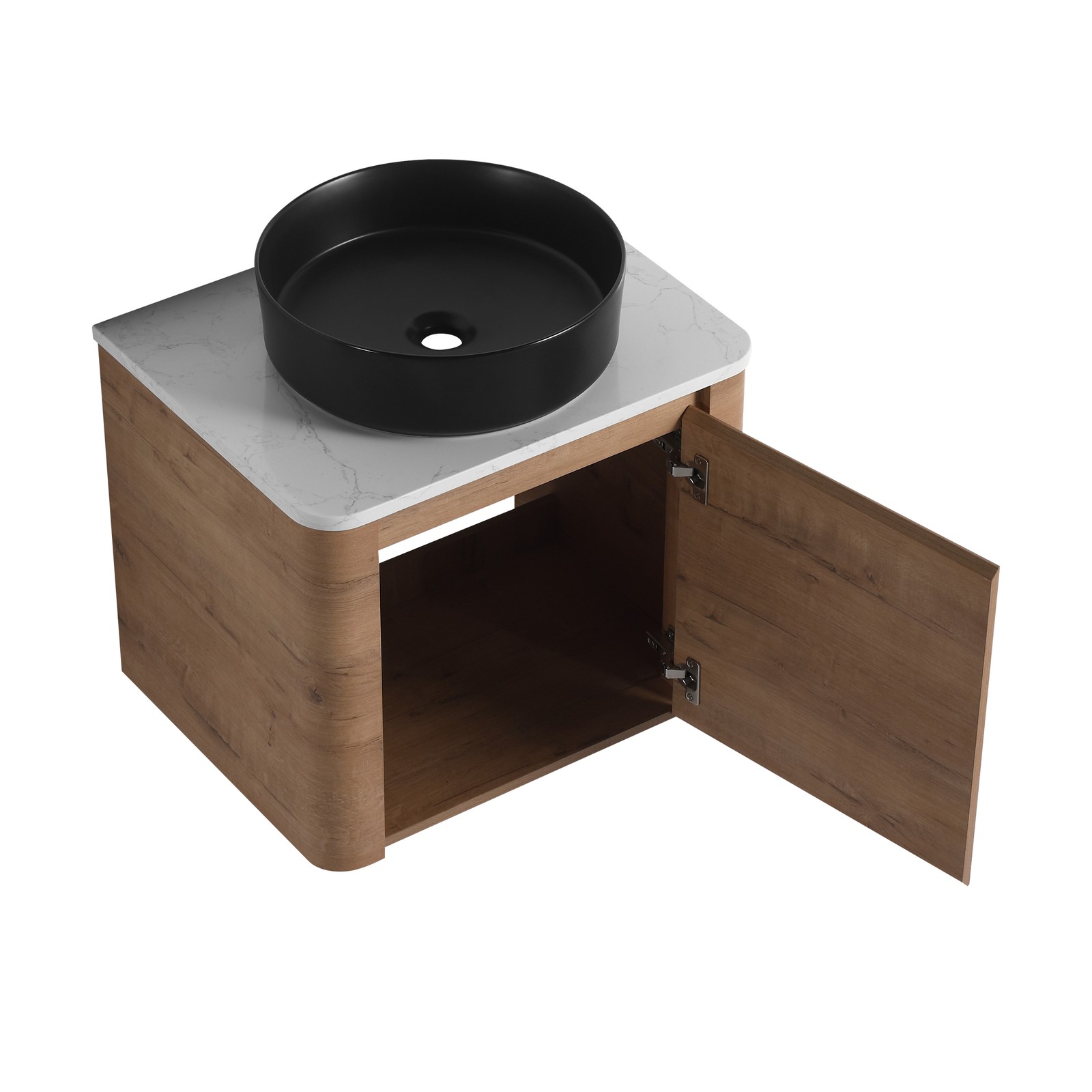 24 In Bathroom Vanity With White Flat Stone Slab Top Black Ceramic Vessel Sink