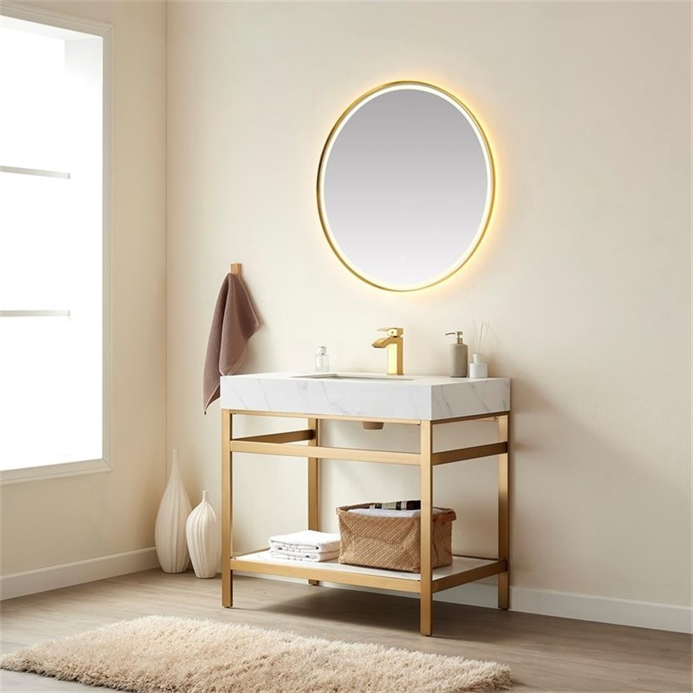 Funes 36″ Single Sink Bathroom Vanity in Brushed Gold Frame White Top w/ Mirror