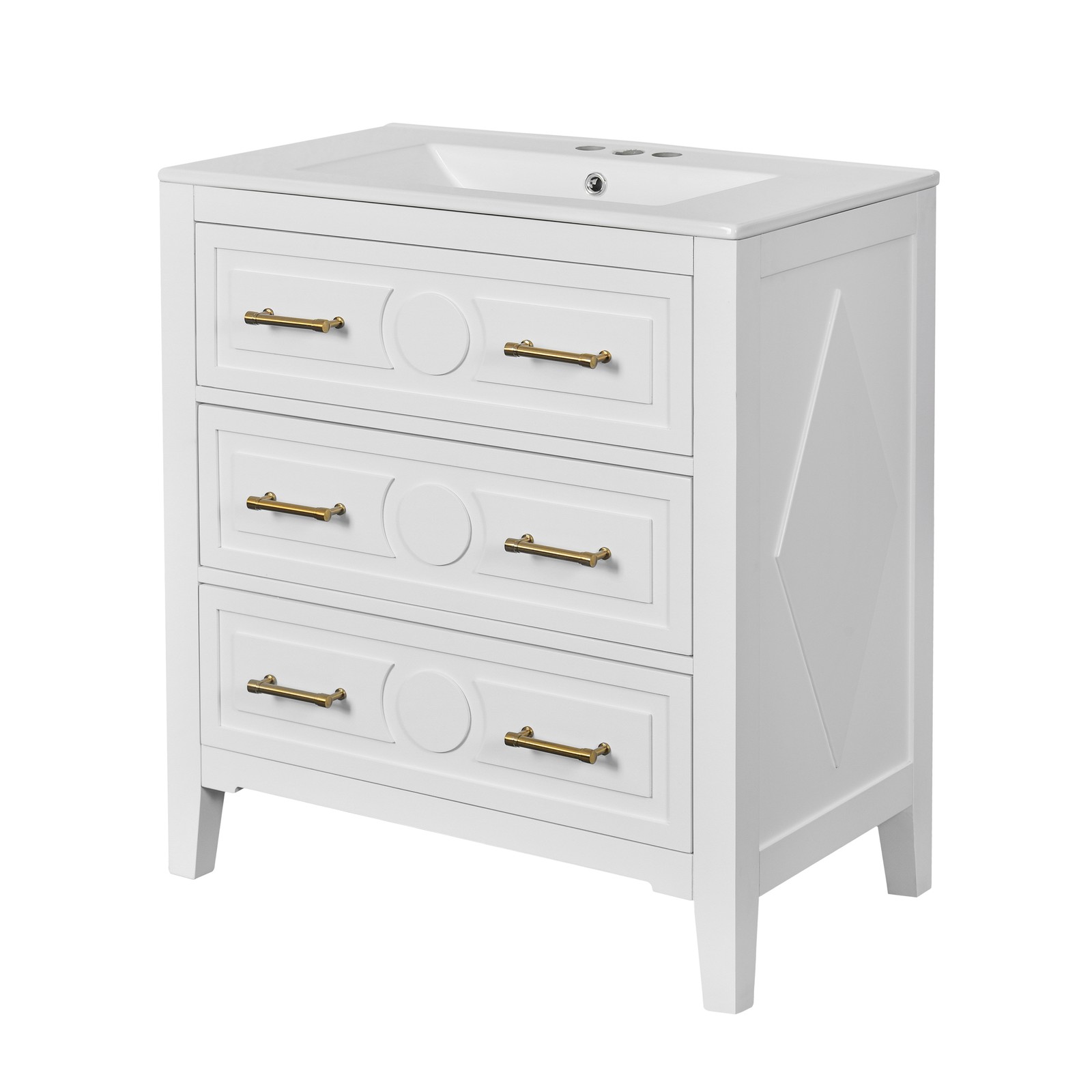 Bathroom dressing table – white, ceramic sink set, 3 drawers, solid wood frame