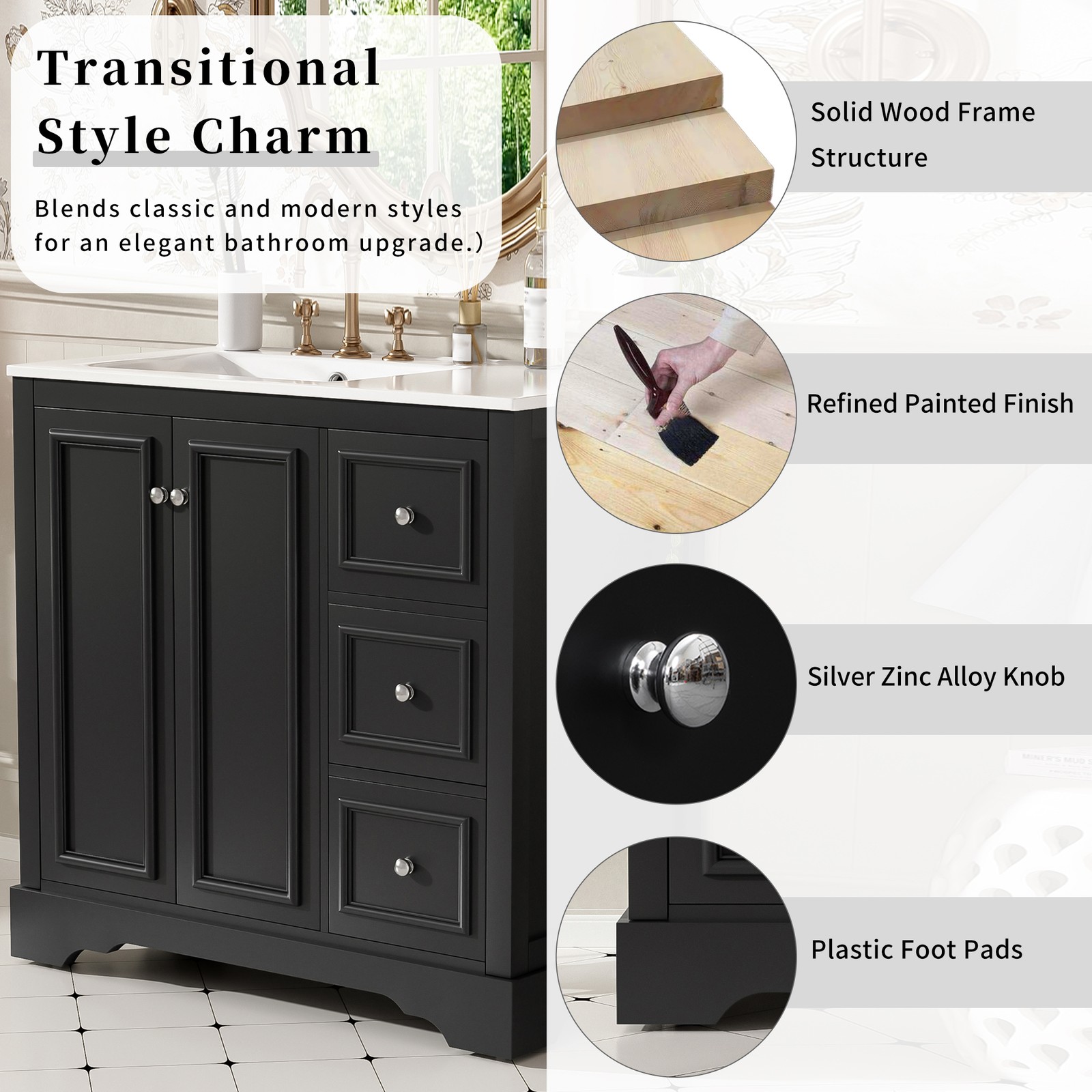 36″ Bathroom Vanity Cabinet Storage with Sink Combo w/2 Door & 3 Drawers Black