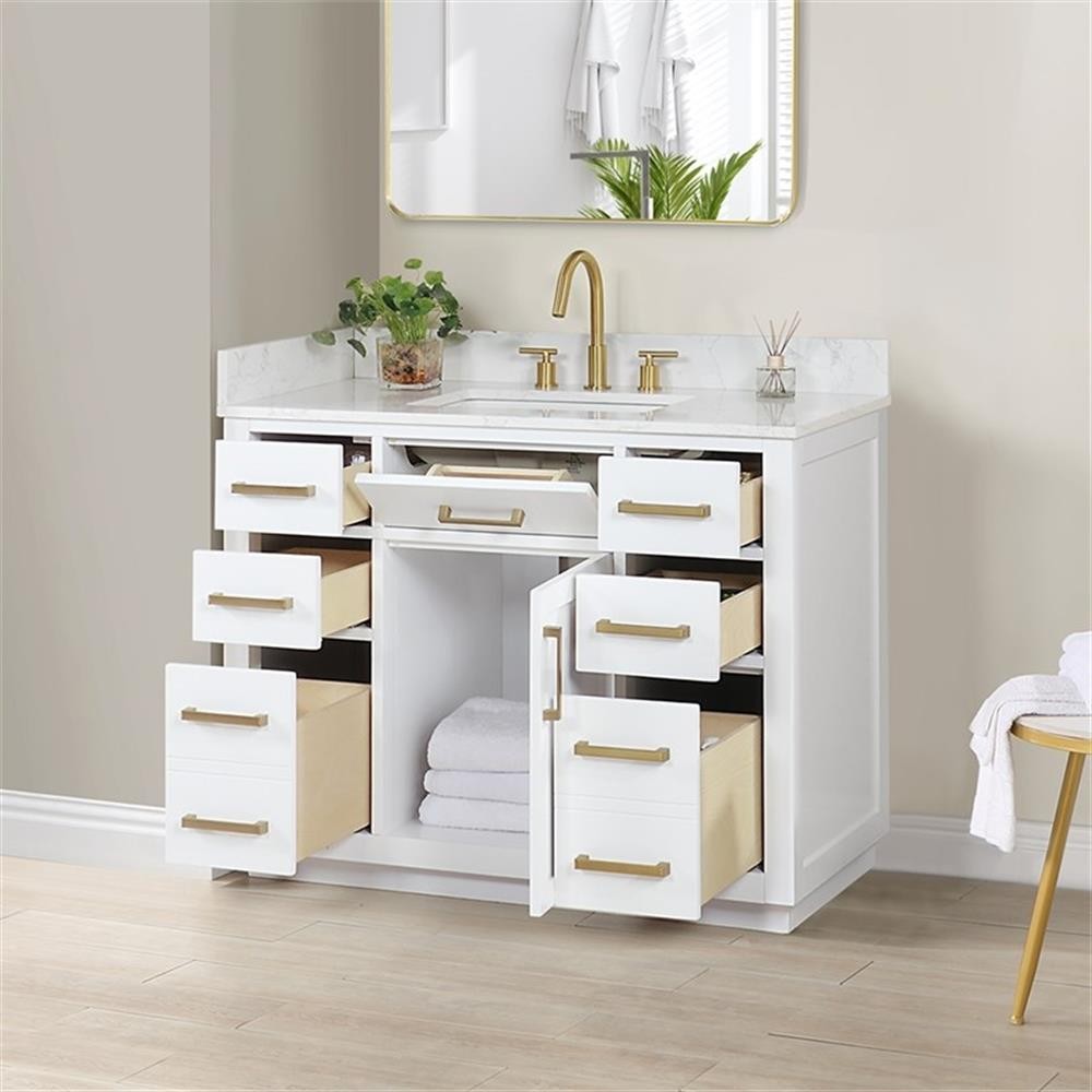 Gavino 42″ Wood Vanity in White with Composite Stone Top no Mirror