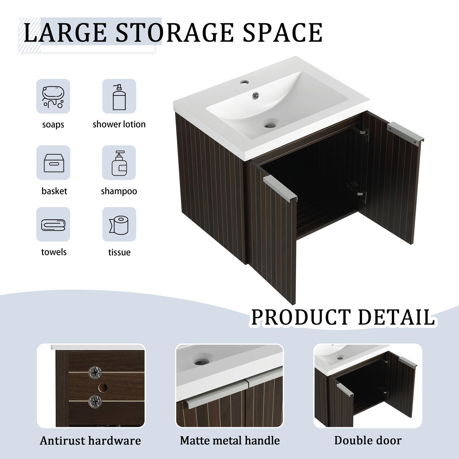 60in Plywood Floating Wall Mounted Vanity Cabinet Bathroom W/ Dual Sink +Shelves