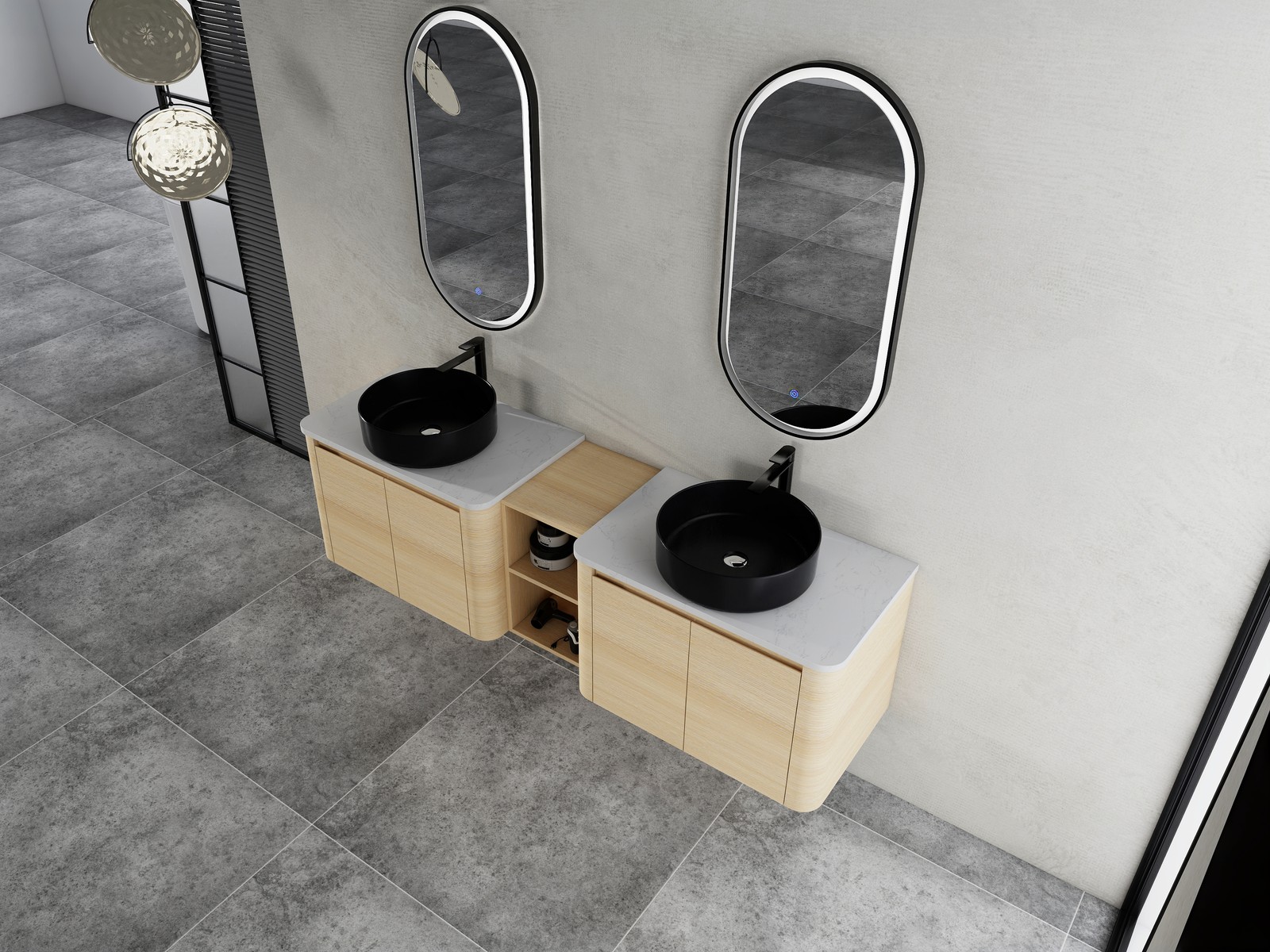 72″ Floating Bathroom Vanity W/ 2 Black Ceramic Sink Stone Slab Top+Open Shelves