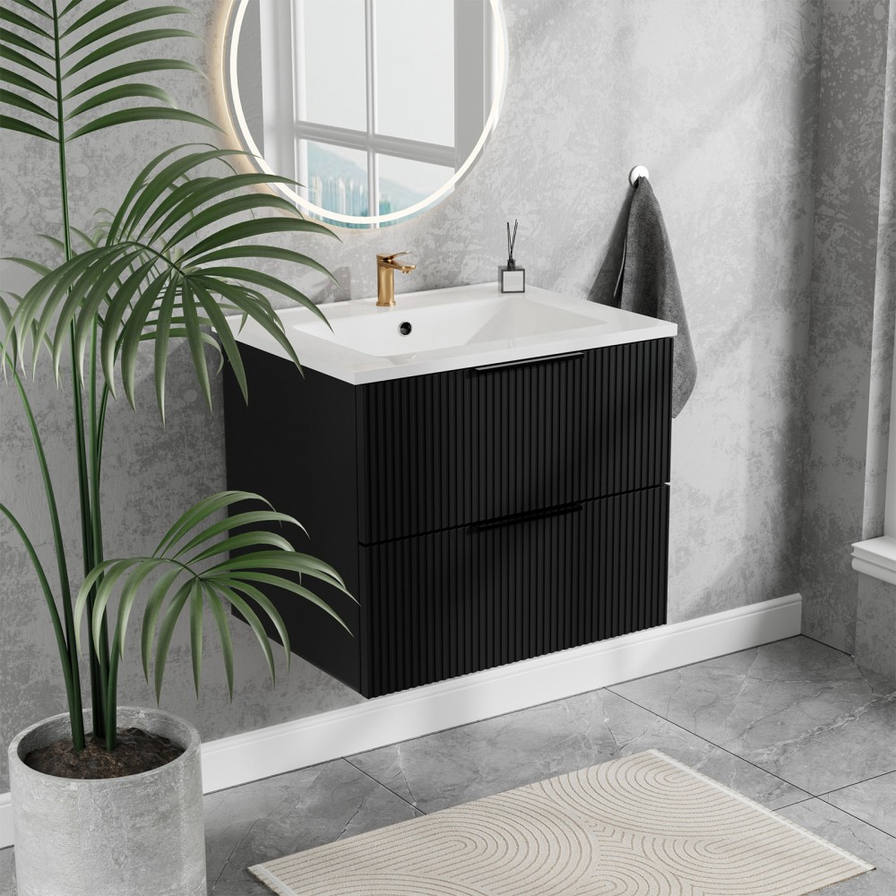 30″ Bathroom Vanity with Ceramic Sink, White Wall Mounted Fluted Cabinet