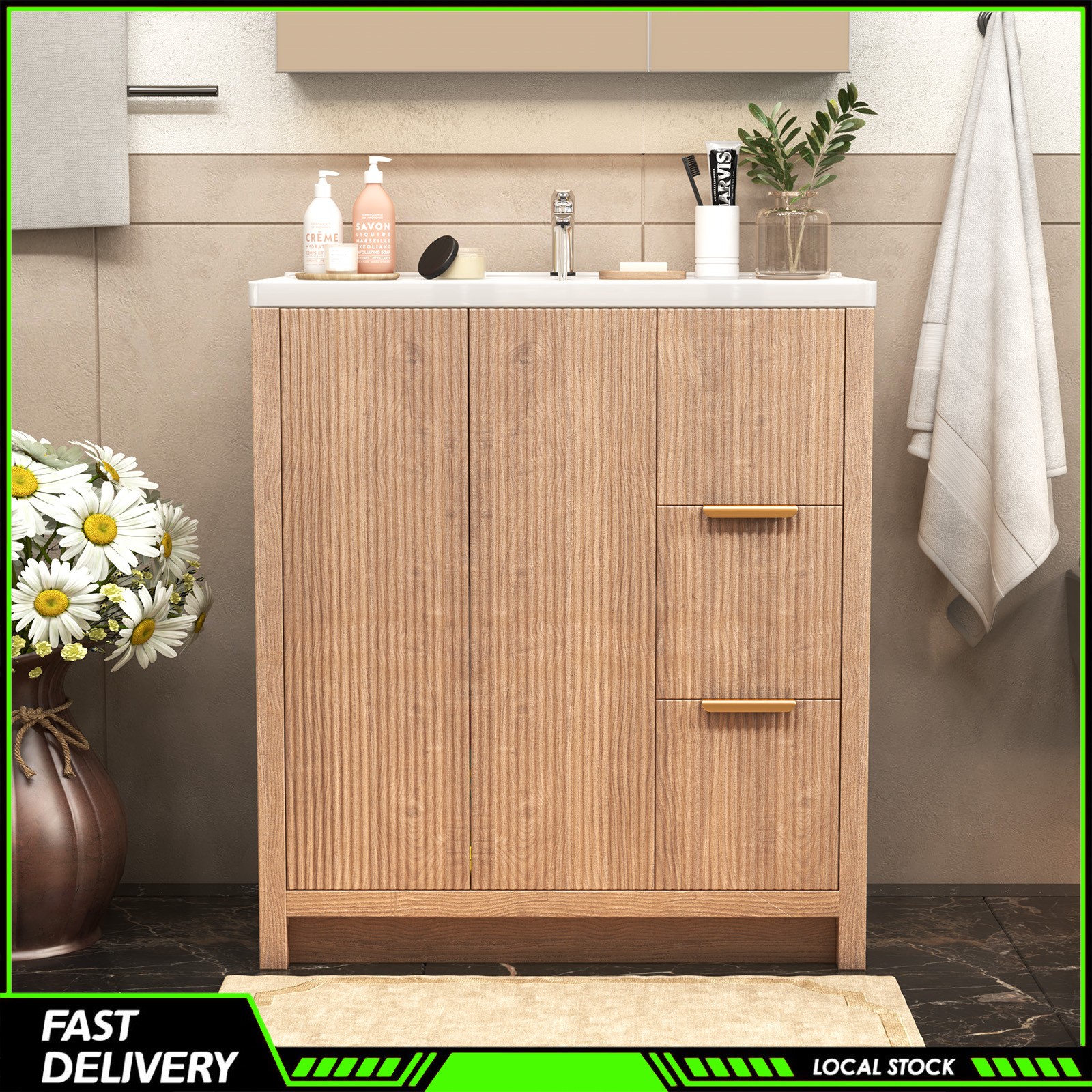 31″ Storage Cabinet Ceramic Sink Bathroom Vanity W/ Drawers Bathroom Cabinet Set