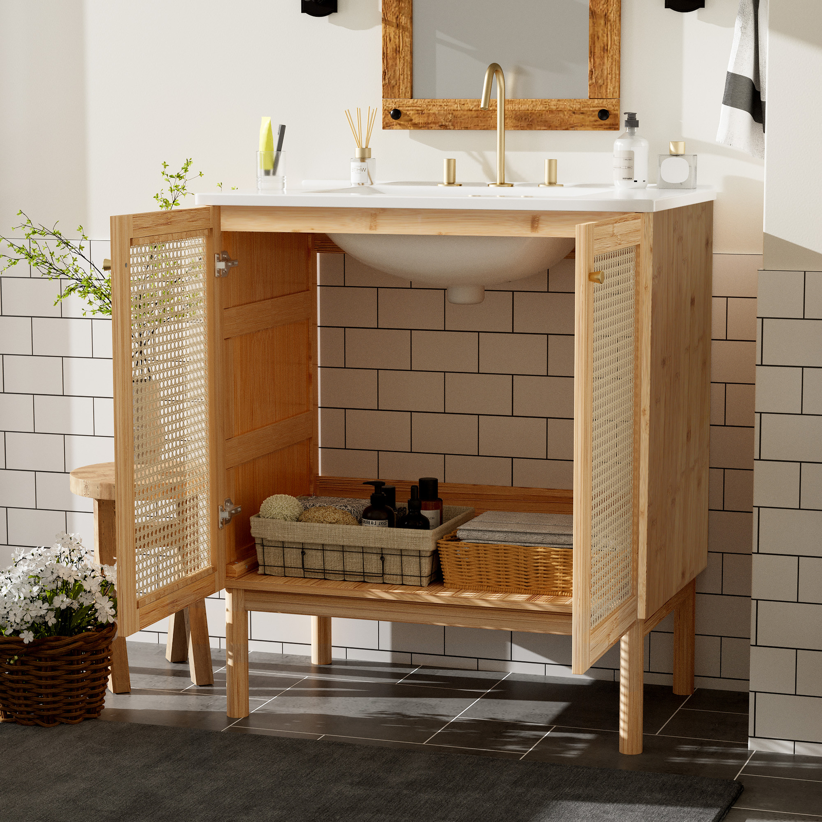 30″ Bathroom Vanity w/ Sink, Freestanding Vanity Storage Cabinet, 2 Rattan Doors