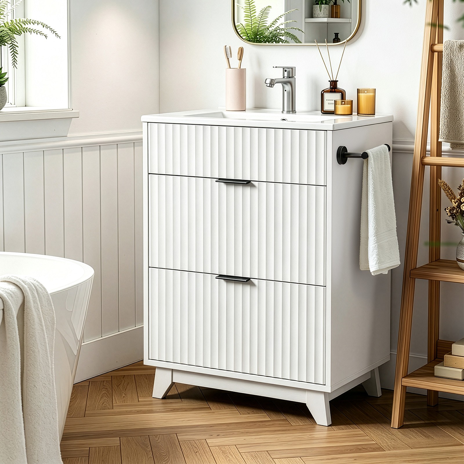 24″ Bathroom Vanity with Ceramic Sink Soft-Close Doors, Shelf for Small Spaces
