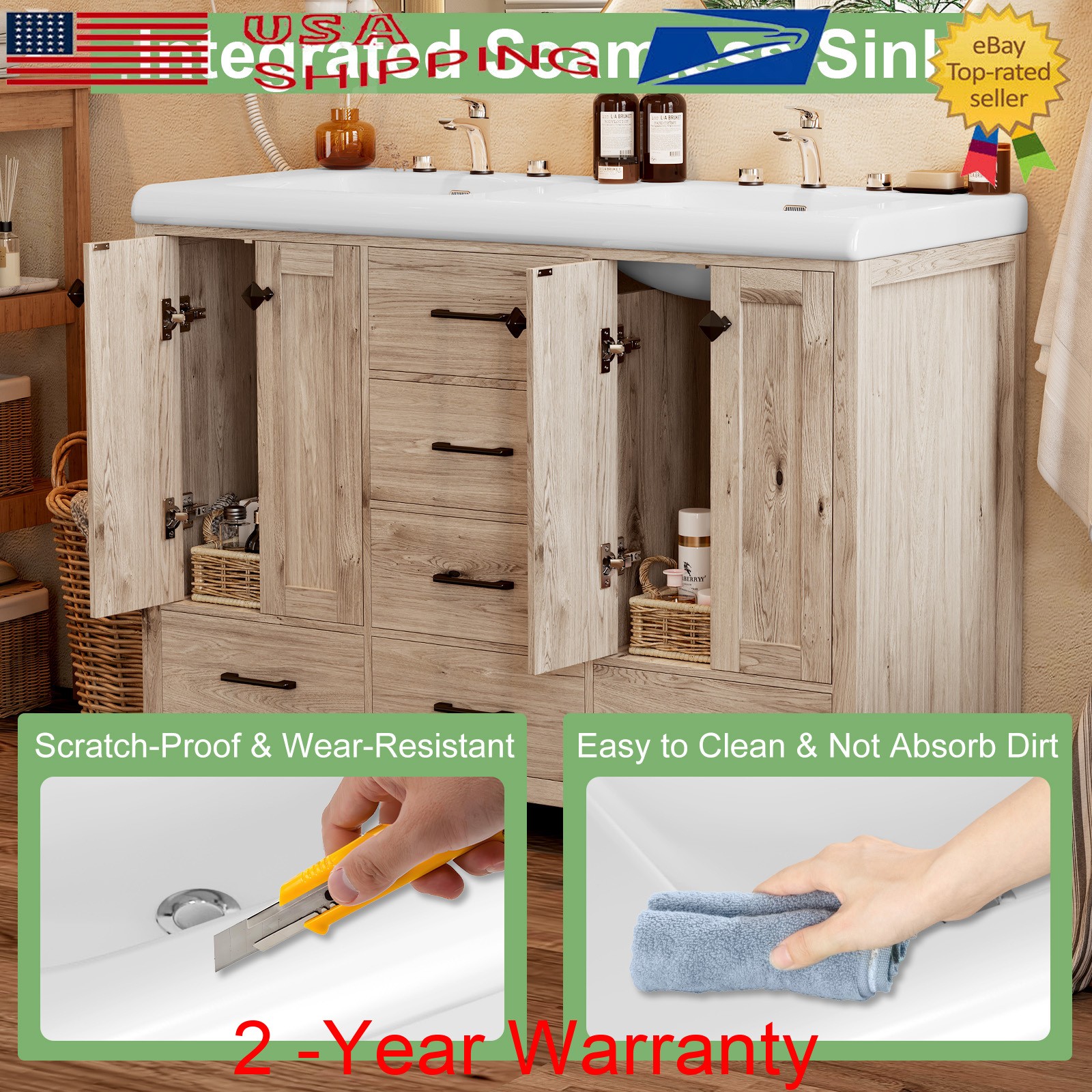 47.3″ Bathroom Vanity Set Double Sink Ceramic Storage Cabinet Drawers Wood Grain