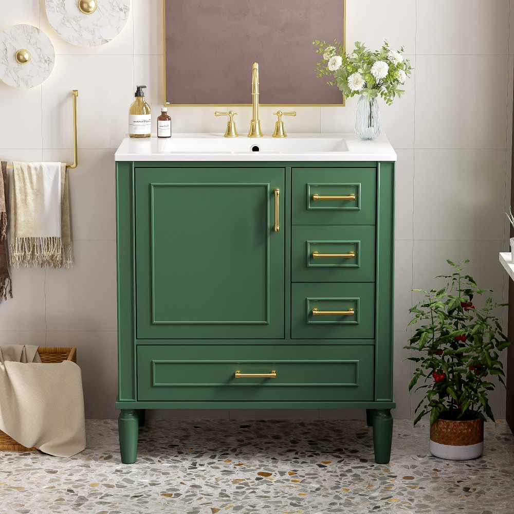 30″ Green Bathroom Vanity Ceramic Sink Soft Close Door 3 Drawers Storage Cabinet