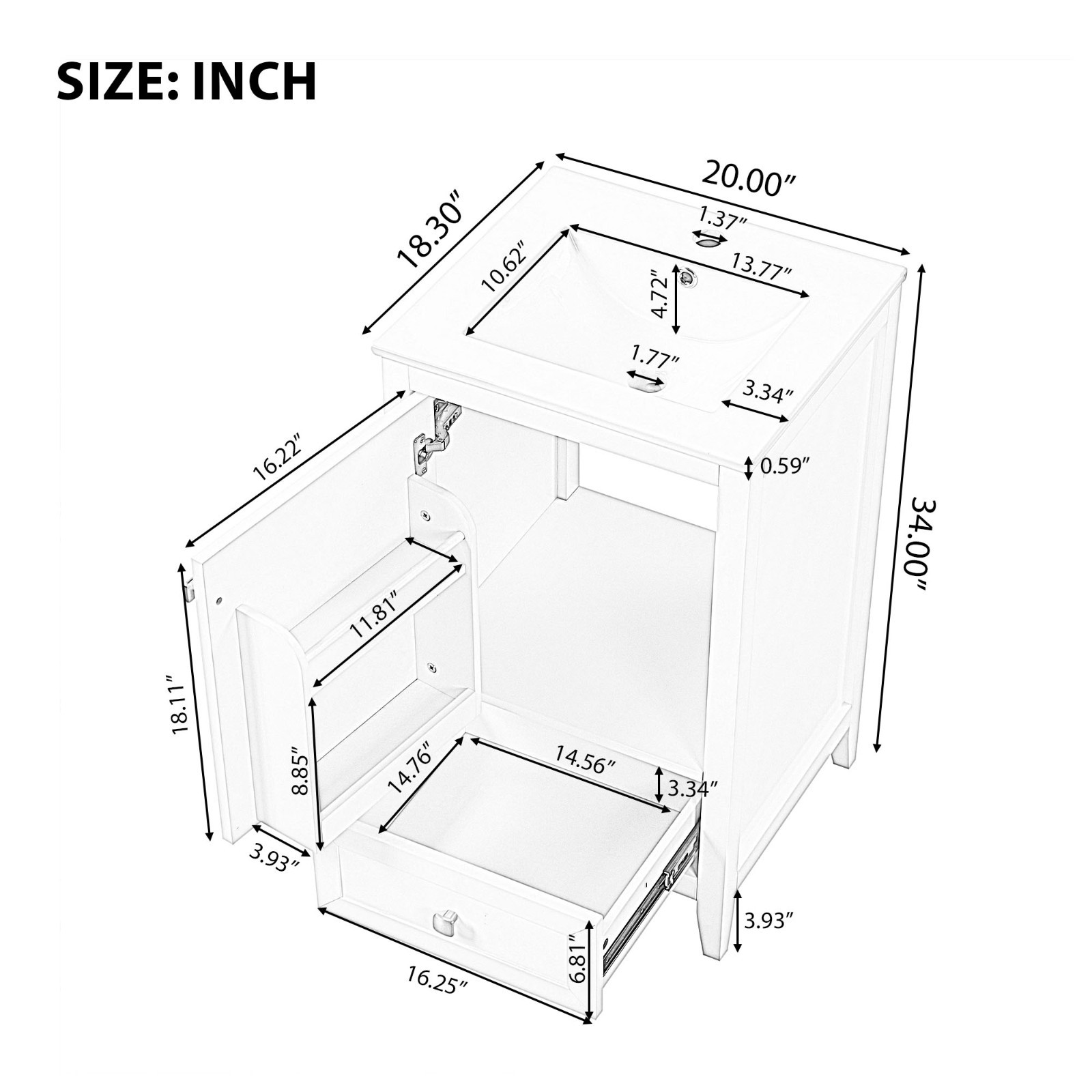 20″ Bathroom Vanity With Sink Storage Cabinet With Drawer Soft Closing Door