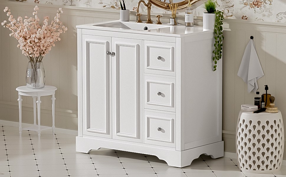 36″ White Transitional Bathroom Vanity with Ceramic Sink