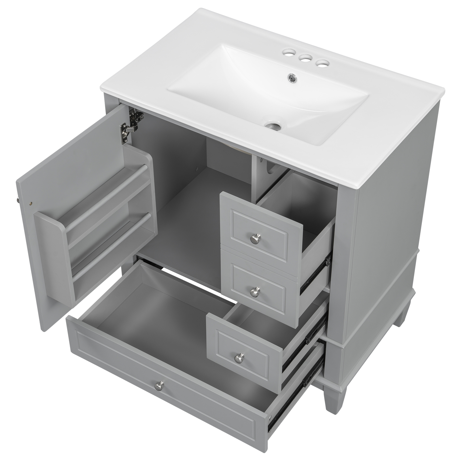 30″ Bathroom Vanity with Ceramic Sink Freestanding Solid Wood Storage Cabinet