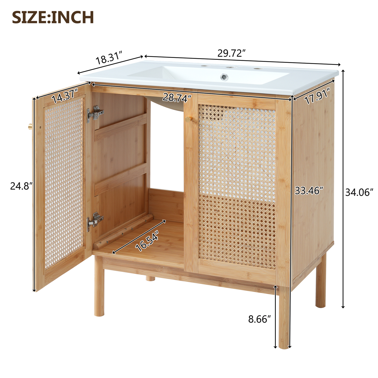30″ Bathroom Vanity w/ Sink, Freestanding Vanity Storage Cabinet, 2 Rattan Doors