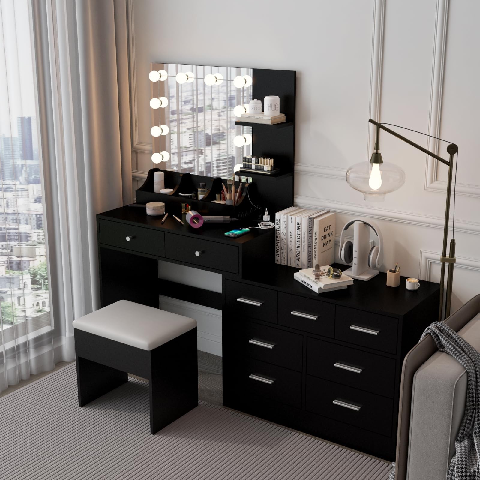 Vanity Table Dresser w/ Light Mirror Charging 10 LED Stool Drawers Shelves Black