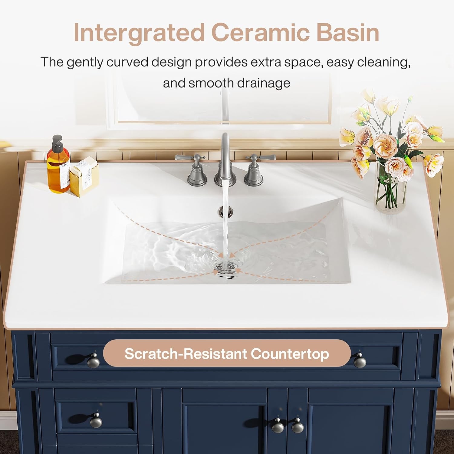 36inch Modern Bathroom Sink Cabinet with 4 Drawers & 2 Doors Bath Storage Vanity