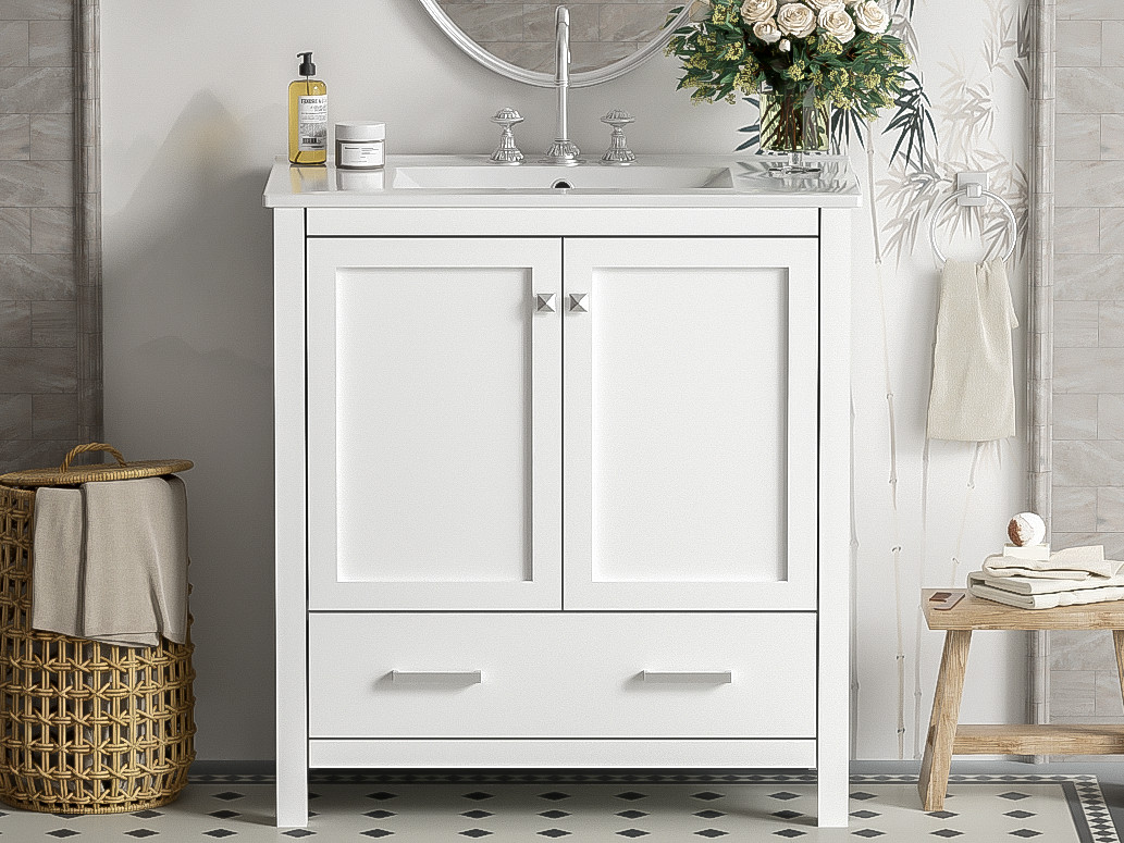 30″ White Bathroom Vanity with Single Sink & Soft Close Doors
