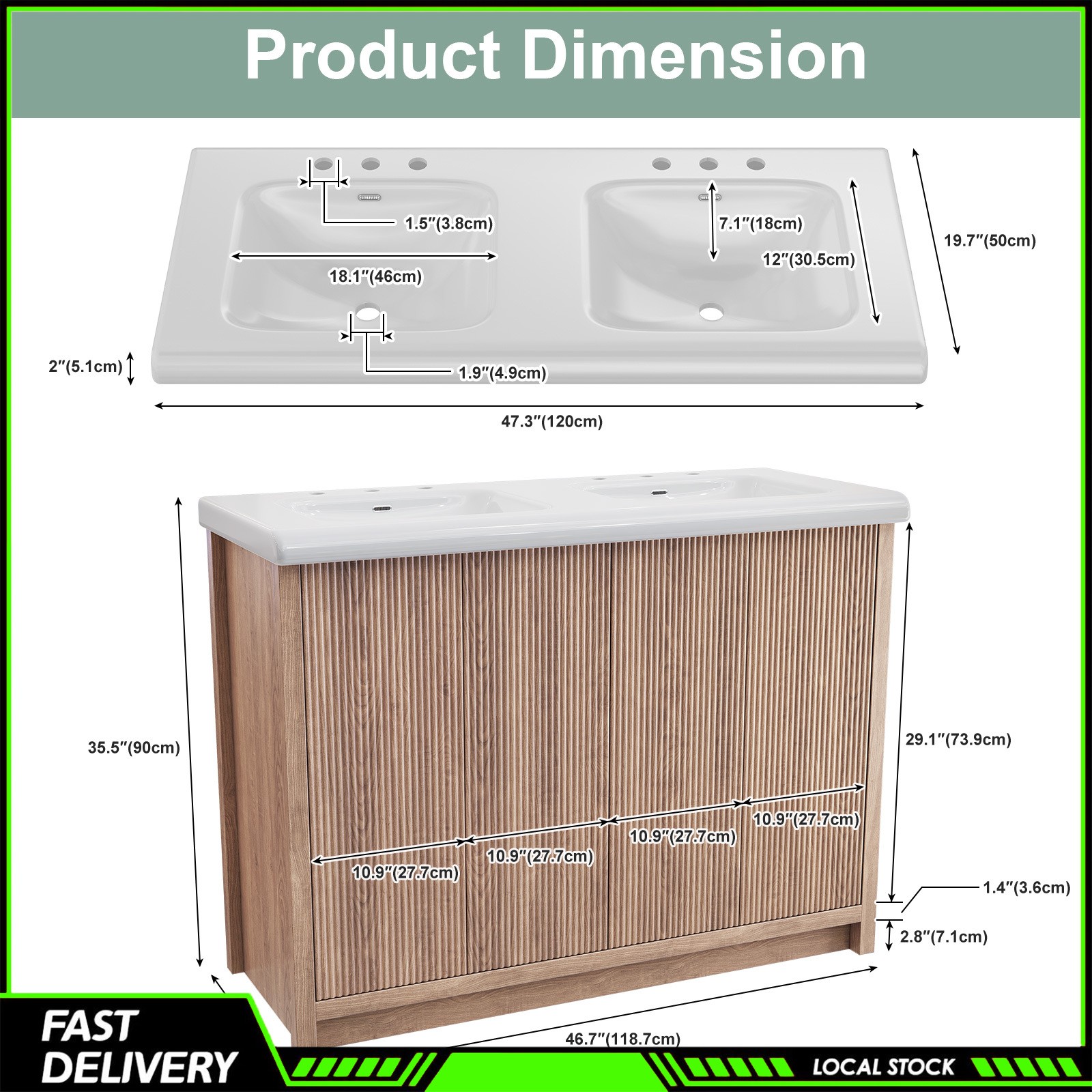 47″ Bathroom Vanity Double Ceramic Sink Freestanding Cabinet Storage With Door