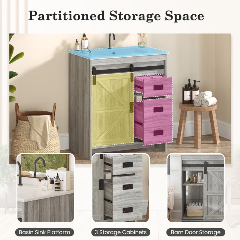 HOMMOW Farmhouse Single Bathroom Vanity with Top,Sliding Barn Door Sink Vanity