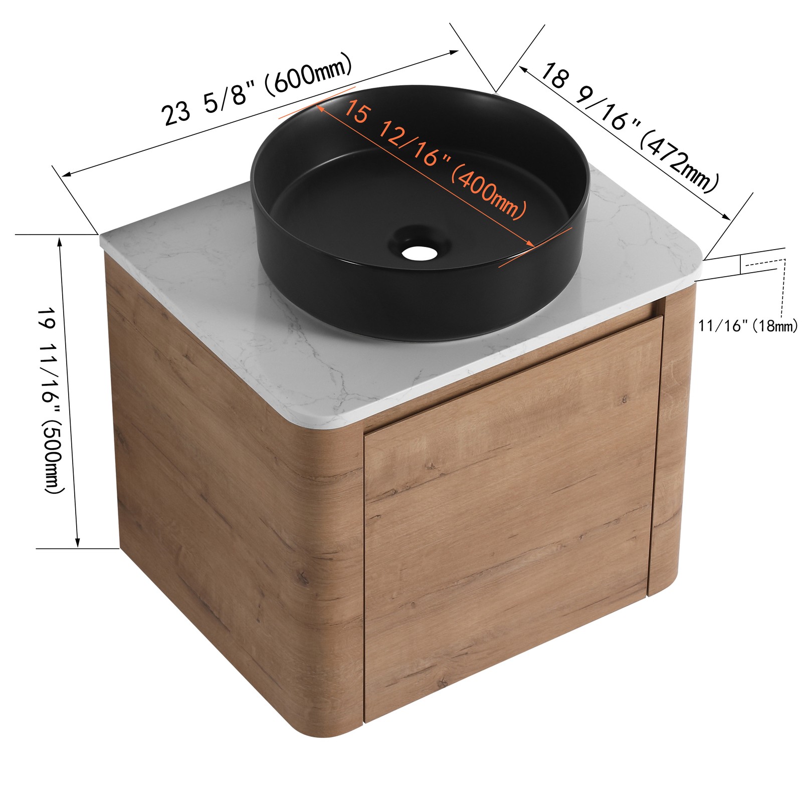 24 In Bathroom Vanity With White Flat Stone Slab Top Black Ceramic Vessel Sink