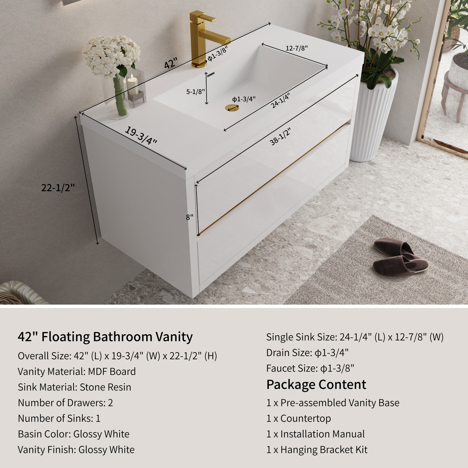 42in Floating Wall-Mounted Bathroom Vanity W/ Stone Resin Countertop Basin White