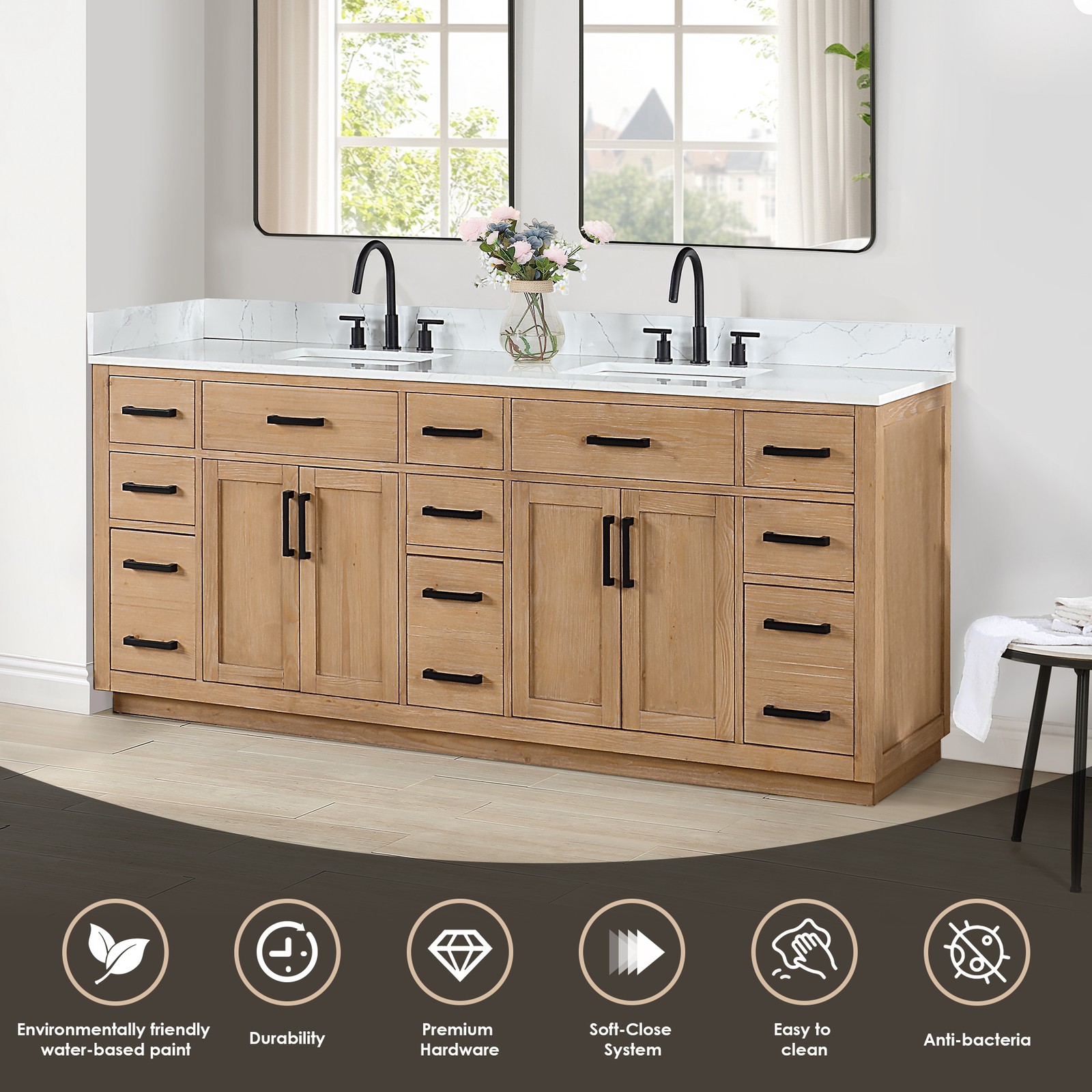 Gavino 84″ Wood Vanity in Light Brown with Composite Stone Top no Mirror