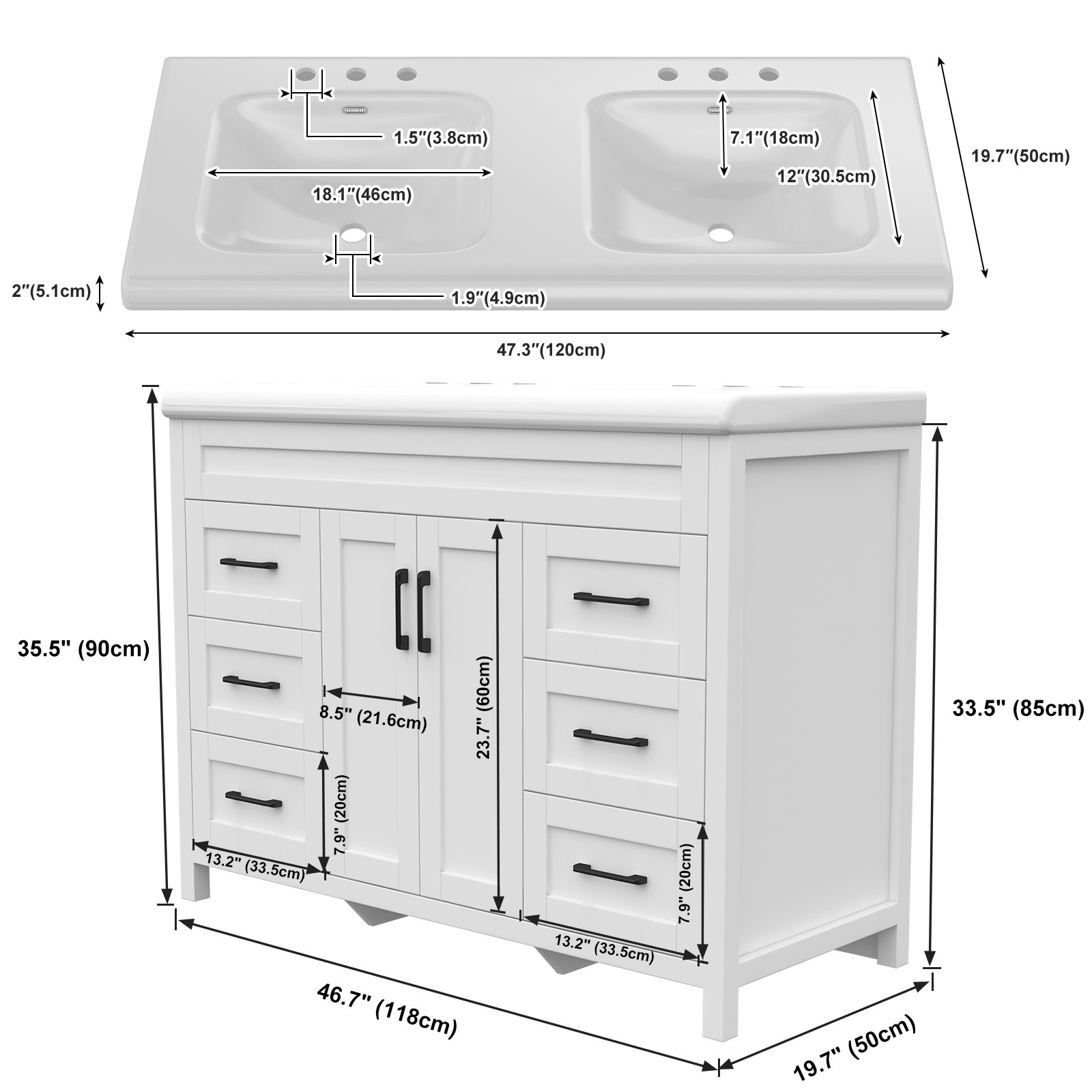 White Bathroom Vanity Double Sink Freestanding Cabinet with Storage Drawers
