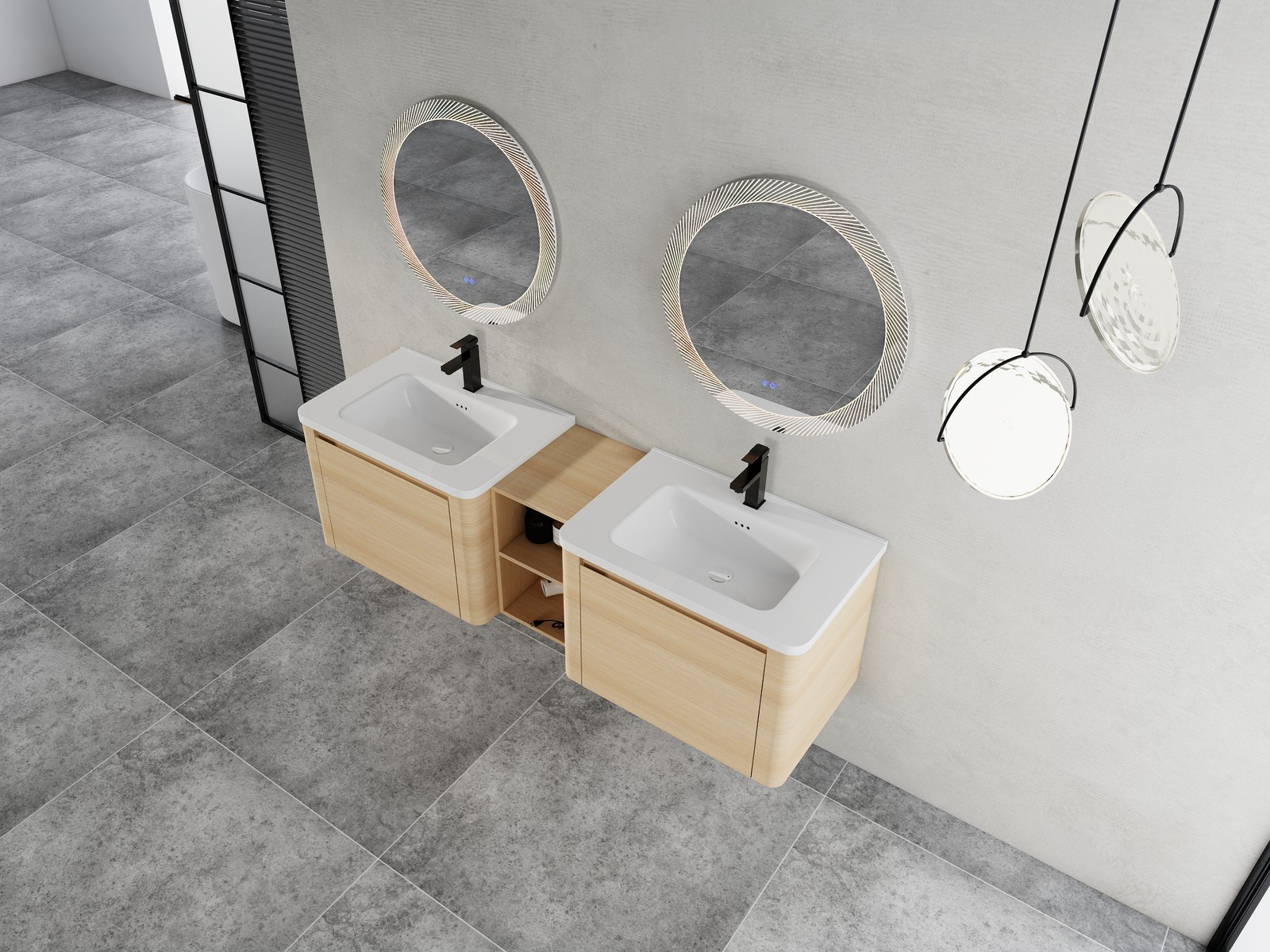 68in Plywood Wall-Mounted Bathroom Vanity W/ 2x White Ceramic Sink and Shelves