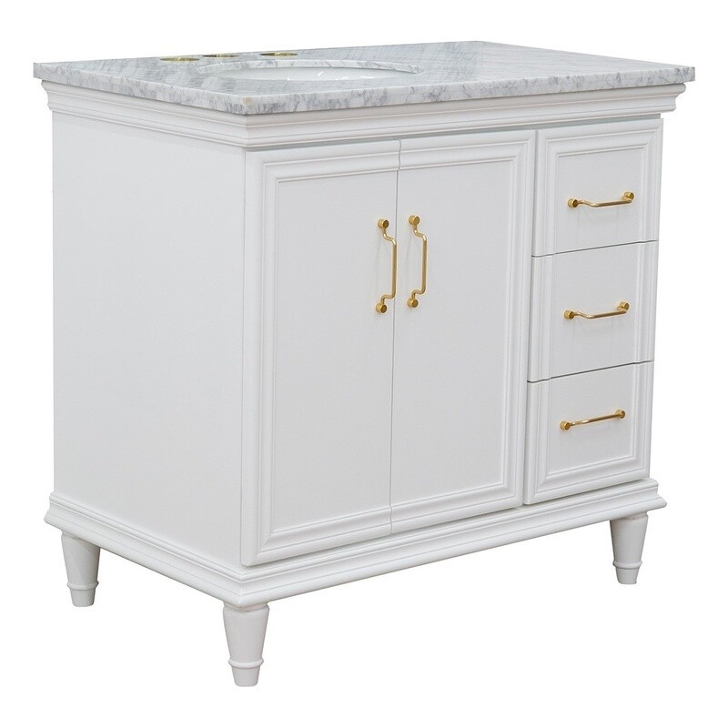 37 in. Single Wooden Vanity White White Carrara Oval Left Door.Left Sink