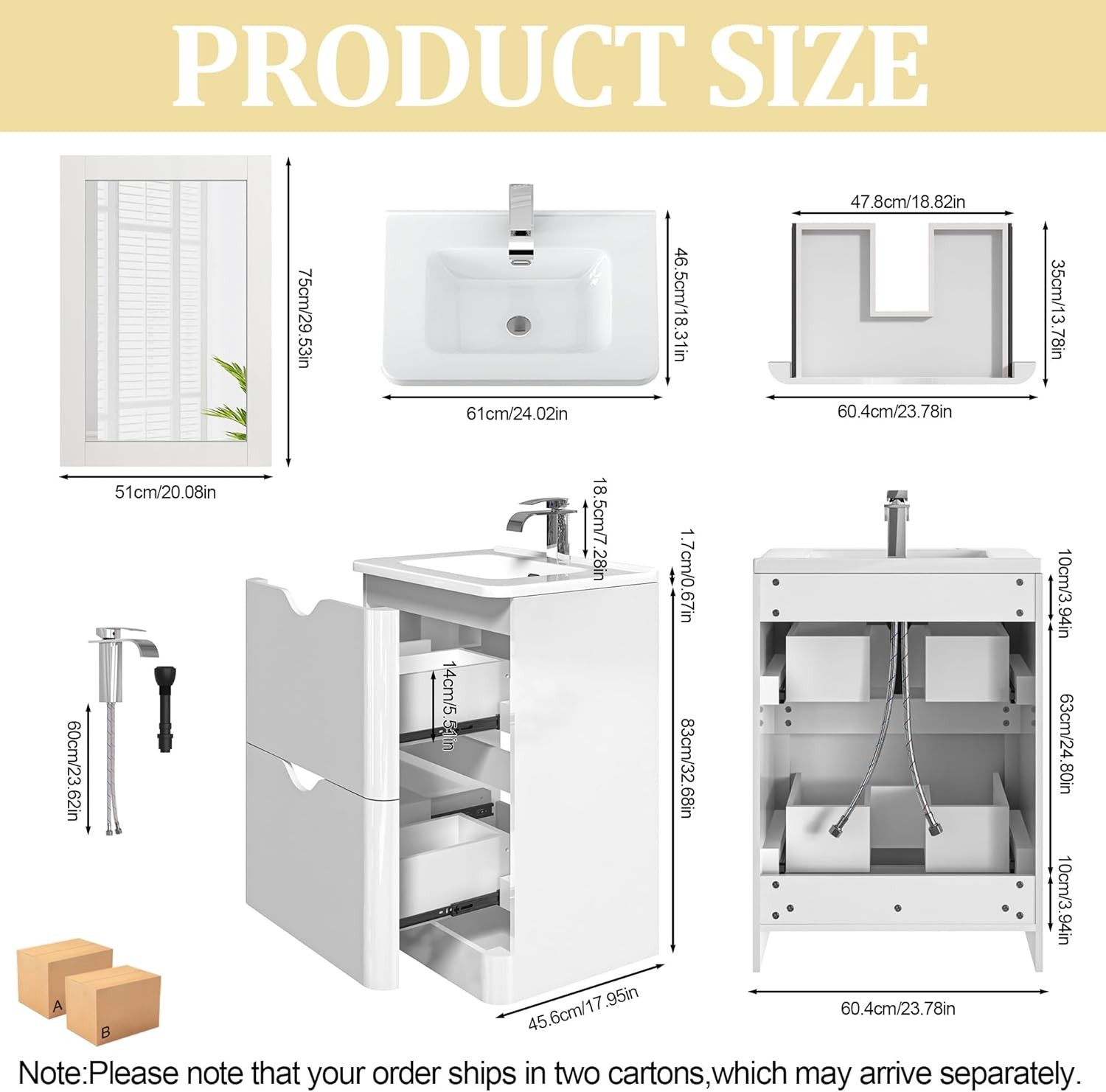 24″ Modern High Gloss Bathroom Vanity with Sink Combo,Mirror, Faucet Set,