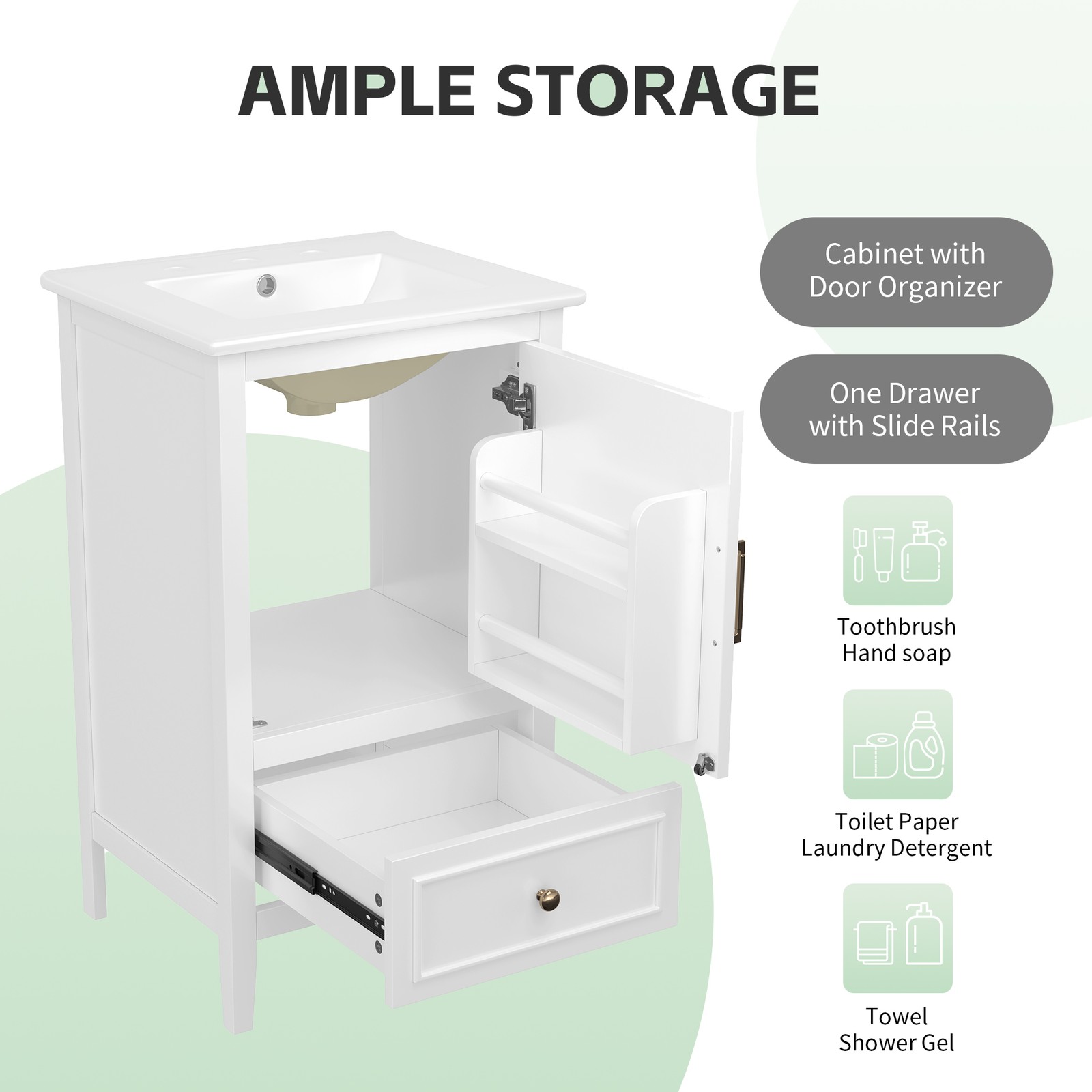 20″ Bathroom Vanity with Ceramic Sink, Cabinet & Drawer, White